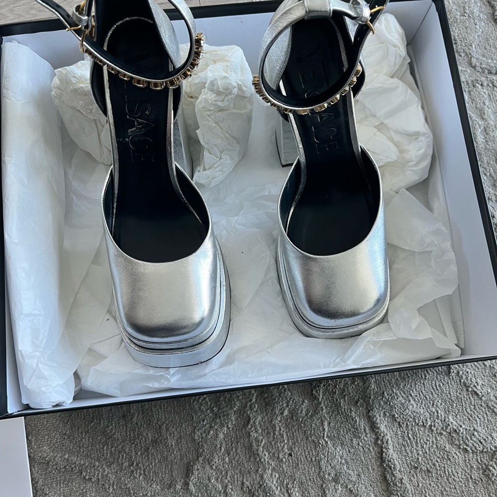 Versace Silver Platform Heels With Rhinestone Det… - image 7